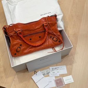 Balenciaga Agneau Motocross Classic Bag (2009) in tangerine color.